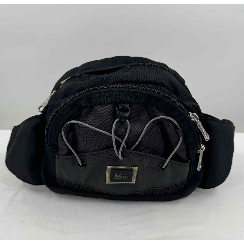 REI Black Waist Pack Multiple Compartments Zipper Closures Drawstring